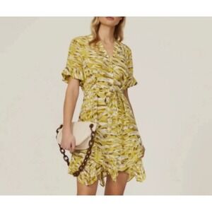 All Saints Frankie Oniyuri Yellow White Layered Abstract Short Belted Dress US 2